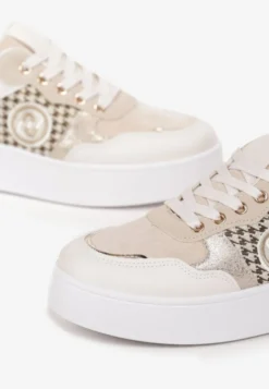 Beżowe Sznurowane Sneakersy na Grubej Podeszwie z Ozdobną Wstawką Minsa