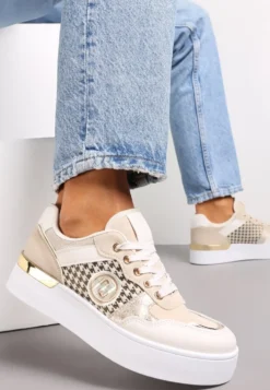 Beżowe Sznurowane Sneakersy na Grubej Podeszwie z Ozdobną Wstawką Minsa