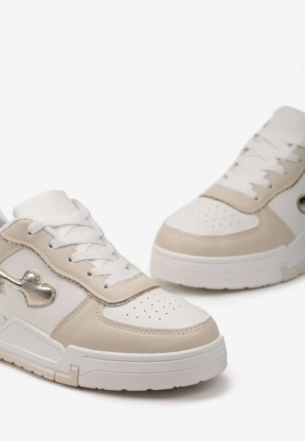 Beżowe Sznurowane Sneakersy na Grubej Podeszwie z Brokatowym Zdobieniem Anaieli