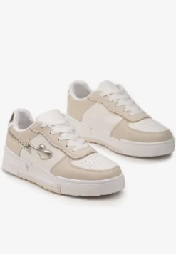 Beżowe Sznurowane Sneakersy na Grubej Podeszwie z Brokatowym Zdobieniem Anaieli
