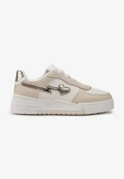 Beżowe Sznurowane Sneakersy na Grubej Podeszwie z Brokatowym Zdobieniem Anaieli