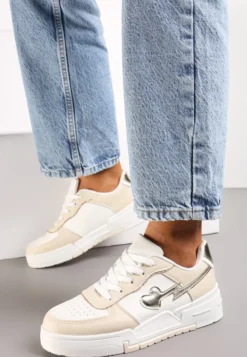 Beżowe Sznurowane Sneakersy na Grubej Podeszwie z Brokatowym Zdobieniem Anaieli