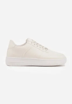 Beżowe Sznurowane Sneakersy Ozdobione Perforacją Ellemisa