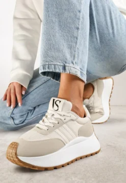 Beżowe Sznurowane Sneakersy Vices na Platformie z Ozdobnymi Paskami Seliniel