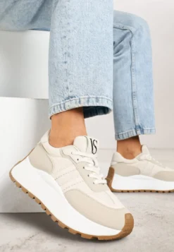 Beżowe Sznurowane Sneakersy Vices na Platformie z Ozdobnymi Paskami Seliniel