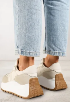 Beżowe Sznurowane Sneakersy Vices na Platformie z Ozdobnymi Paskami Seliniel
