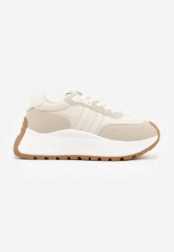 Beżowe Sznurowane Sneakersy Vices na Platformie z Ozdobnymi Paskami Seliniel