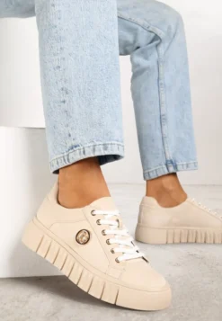 Beżowe Sznurowane Sneakersy Vices na Platformie z Tłoczeniem i Metaliczną Aplikacją Lavfedi