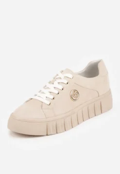 Beżowe Sznurowane Sneakersy Vices na Platformie z Tłoczeniem i Metaliczną Aplikacją Lavfedi