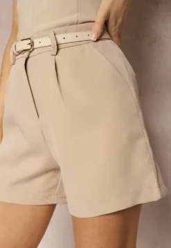 Beżowe Szorty Bermudy High Waist o Eleganckim Wykończeniu Verpia