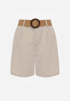 Beżowe Szorty Casual z Wiskozą High Waist Ozdobione Paskiem z Plecionki Kailee