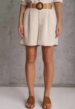 Beżowe Szorty Casual z Wiskozą High Waist Ozdobione Paskiem z Plecionki Kailee