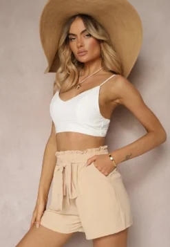Beżowe Szorty High Waist o Luźnym Kroju z Gumką w Talii i Regulowanym Troczkiem Tiamatissa