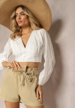Beżowe Szorty High Waist Wiązane w Pasie Gilalilena