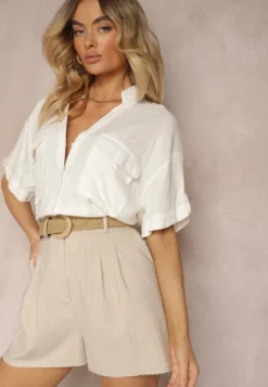 Beżowe Szorty High Waist Zapinane na Zamek Błyskawiczny Tiamarella