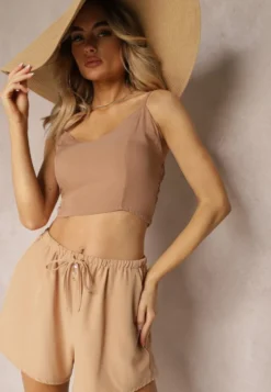 Beżowe Szorty High Waist z Gumką w Talii Virasa