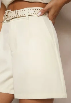Beżowe Szorty High Waist z Paskiem Linave