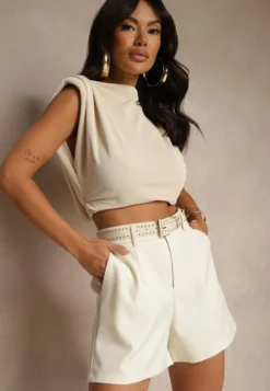 Beżowe Szorty High Waist z Paskiem Linave