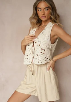 Beżowe Szorty High Waist z Wiązaniem Filorella