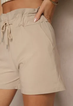 Beżowe Szorty z Bawełną High Waist z Ozdobnym Sznurkiem Axemia