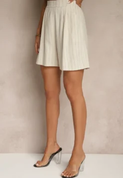Beżowe Szorty z Lnem i Wiskozą High Waist w Paski Kolirelle