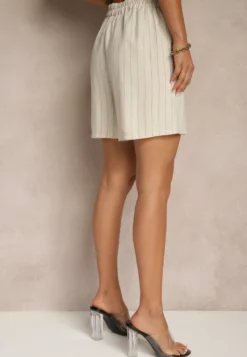 Beżowe Szorty z Lnem i Wiskozą High Waist w Paski Kolirelle
