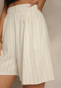 Beżowe Szorty z Lnem i Wiskozą High Waist w Paski Kolirelle