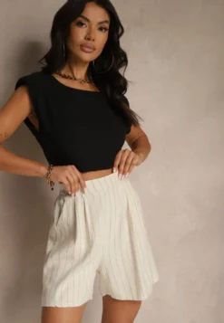 Beżowe Szorty z Lnem i Wiskozą High Waist w Paski Kolirelle