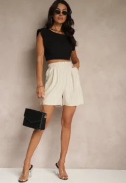Beżowe Szorty z Lnem i Wiskozą High Waist w Paski Kolirelle