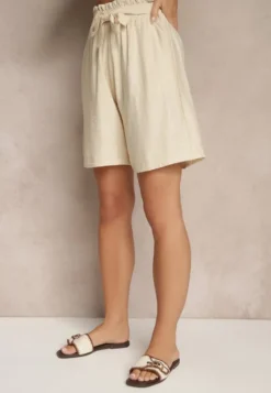 Beżowe Szorty z Wiskozy High Waist Ozdobione Paskiem Lumilirae