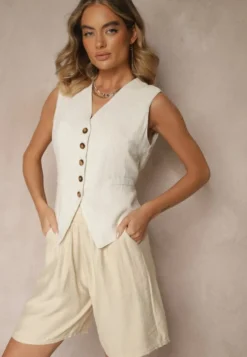 Beżowe Szorty z Wiskozy High Waist Ozdobione Paskiem Lumilirae