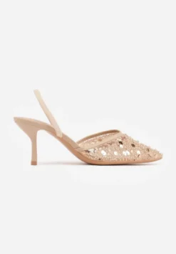 Beżowe Szpilki Slingback Ozdobione Cekinami Vikiraie