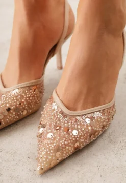 Beżowe Szpilki Slingback Ozdobione Cekinami Vikiraie