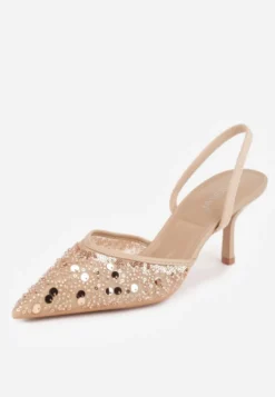 Beżowe Szpilki Slingback Ozdobione Cekinami Vikiraie