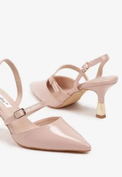 Beżowe Szpilki Slingback Ozdobione Paskami i Metaliczną Wstawką Villexia
