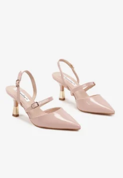 Beżowe Szpilki Slingback Ozdobione Paskami i Metaliczną Wstawką Villexia
