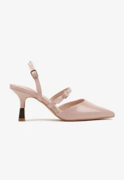Beżowe Szpilki Slingback Ozdobione Paskami i Metaliczną Wstawką Villexia