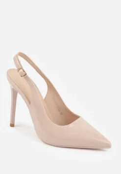 Beżowe Szpilki Slingback VICES z Lakierowanym Połyskiem i Skórzaną Wkładką Marinja