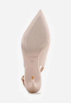 Beżowe Szpilki Slingback VICES z Lakierowanym Połyskiem i Skórzaną Wkładką Marinja
