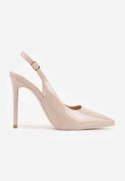 Beżowe Szpilki Slingback VICES z Lakierowanym Połyskiem i Skórzaną Wkładką Marinja