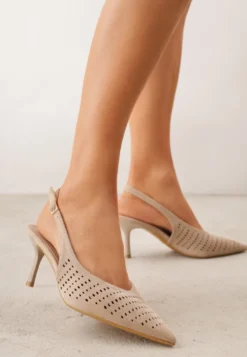 Beżowe Szpilki Slingback z Ażurową Cholewką Nessnore