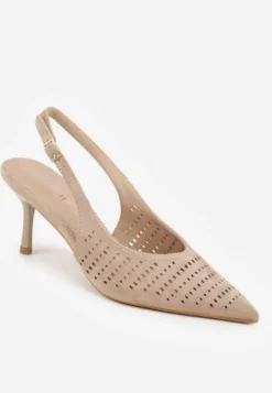 Beżowe Szpilki Slingback z Ażurową Cholewką Nessnore