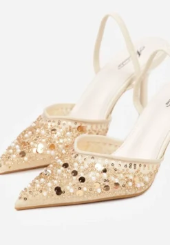 Beżowe Szpilki Slingback Zdobione Perełkami i Cekinami Irifera