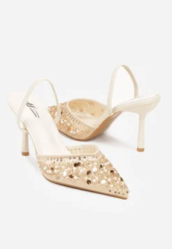 Beżowe Szpilki Slingback Zdobione Perełkami i Cekinami Irifera