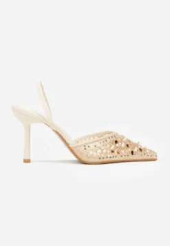 Beżowe Szpilki Slingback Zdobione Perełkami i Cekinami Irifera