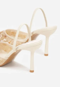 Beżowe Szpilki Slingback Zdobione Perełkami i Cekinami Irifera