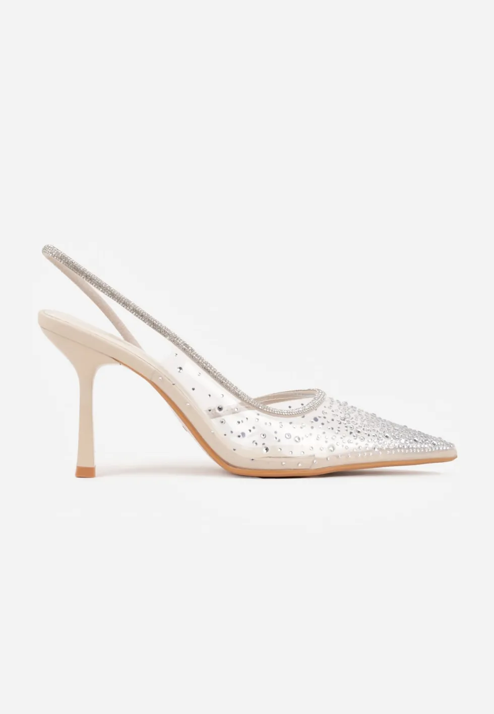 Beżowe Szpilki Slingback z Transparentną Cholewką i Cyrkoniami Liaceran