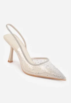 Beżowe Szpilki Slingback z Transparentną Cholewką i Cyrkoniami Liaceran