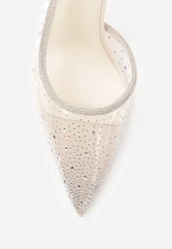 Beżowe Szpilki Slingback z Transparentną Cholewką i Cyrkoniami Liaceran