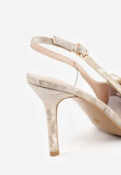 Beżowe Szpilki VICES Slingback z Kokardą Cyrkoniami i Transparetną Wstawką Kalilise